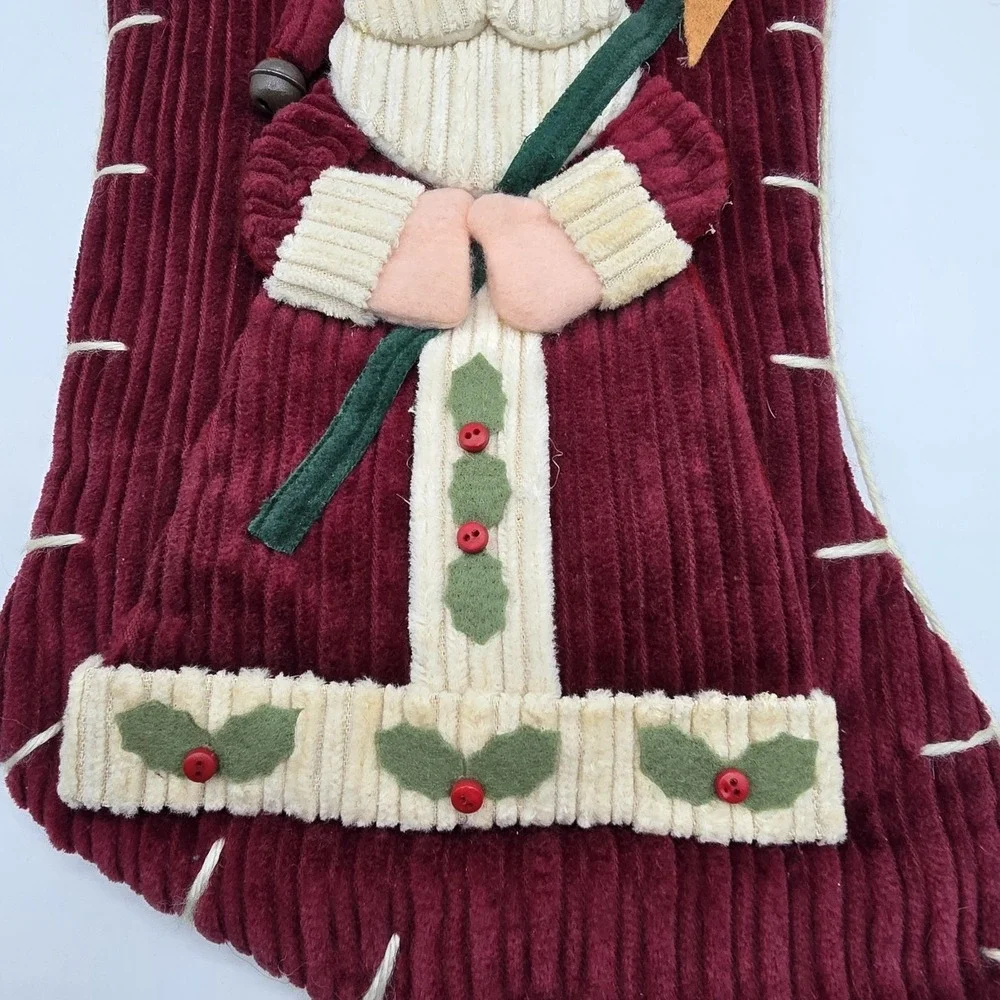 Santa‎ Claus Christmas Stocking Ribbed Corduroy Country Farmhouse Folk Art Vtg